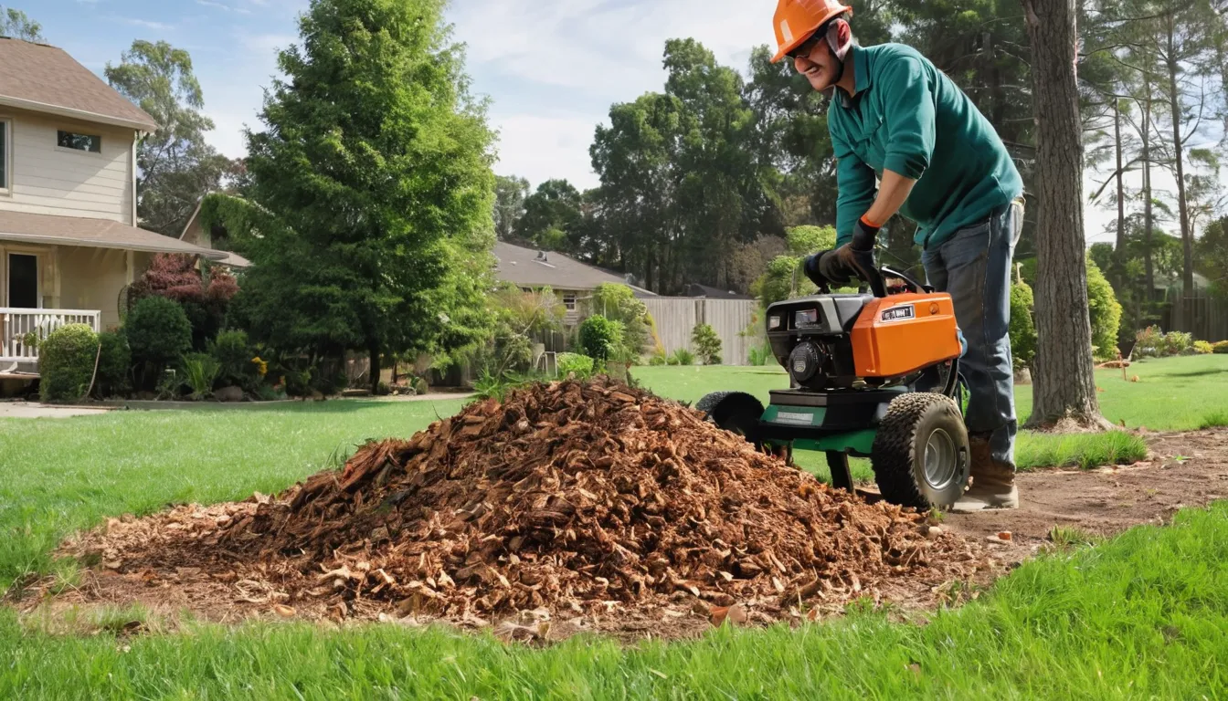 A local provider grinding a tree stump in a Gadsden backyard with wood chips flying